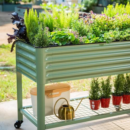 Image of Elevated Raised Garden Bed-V Series, 2' x 4' Garden Beds with Legs & Storage Rack for Patio Porch, 700 Lbs Weight Capacity, Outdoor Planter Boxes for Gardening Herbs Vegetables Flowers, Olive Green