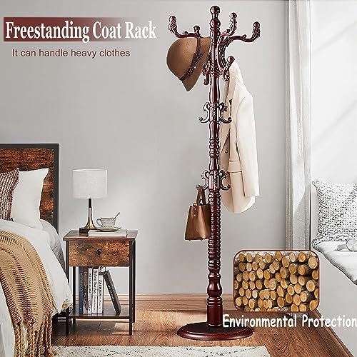 Coat-Racks-Free-standing-Natural-Wood-Coat-Rack-Stand-With-14-Hooks-Heavy-Duty-Adjustable-Height-Coat-Racks-For-Entryway-Hallway-Foyer-Office-Bedroom-Reddish-brown Coat Racks Free standing Natural Wood Coat Rack Stand With 14 Hooks Heavy Duty Adjustable Height Coat Racks For Entryway Hallway Foyer Office Bedroom Reddish brown