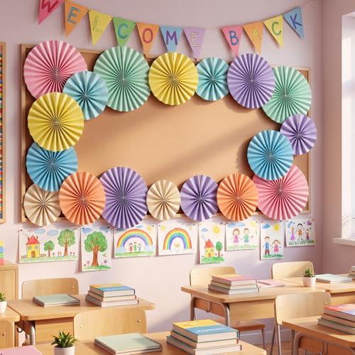 Image of 18 Pcs Pastel Hanging Paper Fans Decor Pastel Paper Fans Round Garlands Bulletin Board Classroom Decorations for Birthday Classroom Backdrop Party Supplies