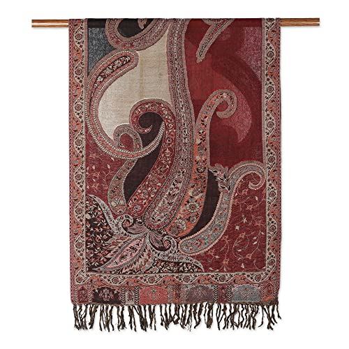 NOVICA Artisan Handmade Jamawar Wool Shawl Indian with Paisley Motifs Accessories Shawls Burgundy Multicolor Jamawarjaquard Woven ' Himalayan Heirloom'