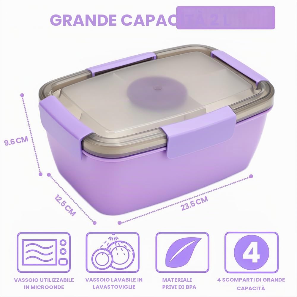 Bugucat Contenitore per il pranzo per adulti 2000ML 2 Set, Contenitore per il pranzo a prova di perdite Bento Box con scomparti per bambini, Contenitore per insalata con forchetta, Contenitore per la
