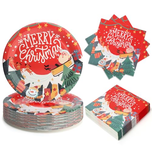 100 PCS Christmas Paper Plates and Napkins, Red Merry Christmas Santa Claus 9 Inch Party Paper Plates and Napkins, Disposable Tableware Set, Serve for 50 Guests