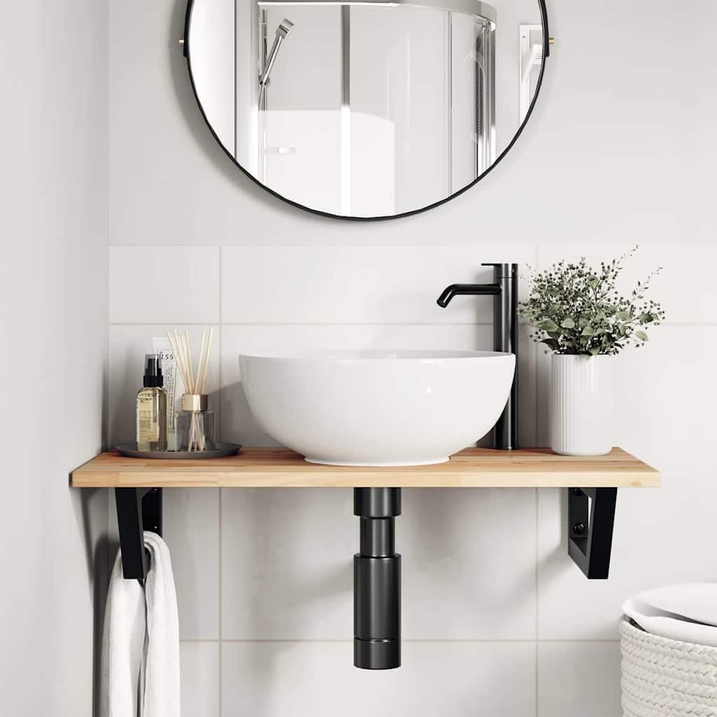 Estantería para lavabo de pared de acero y madera maciza de acacia, 60 x 40 cm, soporta 100 kg, ahorra espacio con soporte trapezoidal, ideal para lavabos de baño, lavabo con armario bajo