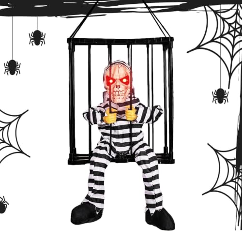 Decoración de terror de Halloween con jaula de prisionero animada para sustos 8