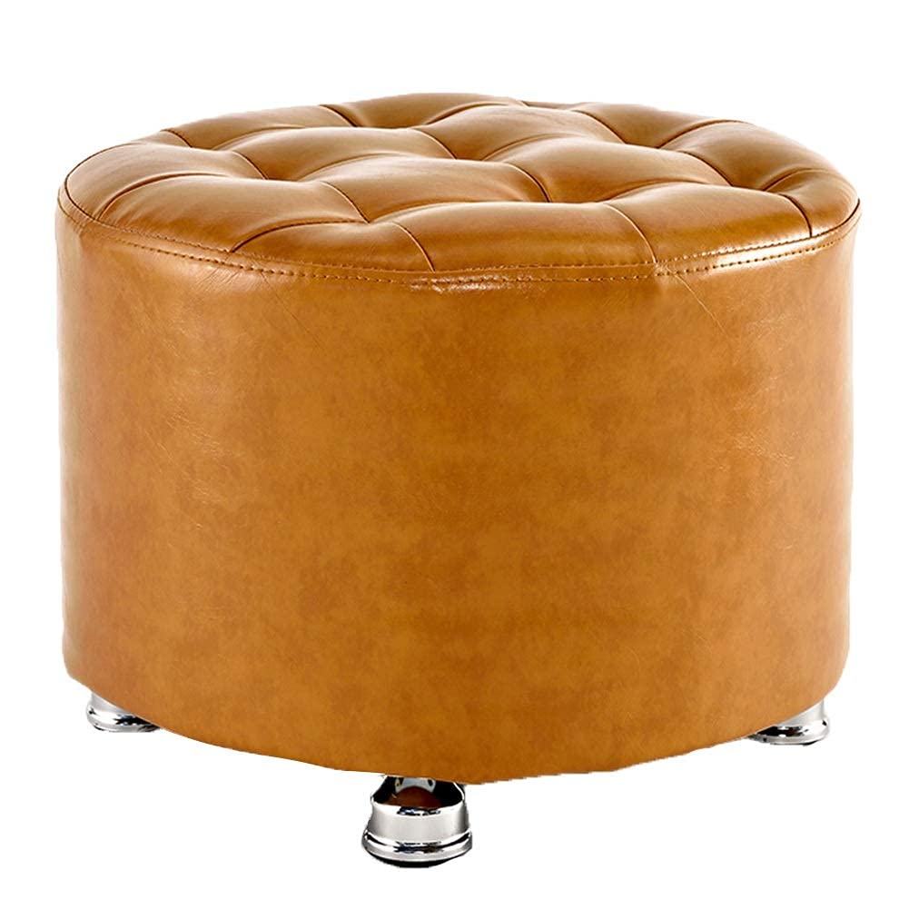Pouf rond en simili cuir jaune 40x30cm avec pieds en bois massif et métal