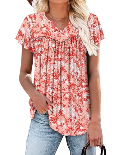 KISSMODA Tops for Womens Summer Cute Short Sleeve Shirts Trendy Notched Neck Blouses Casual Loose Pleated Tunics S-3Xl