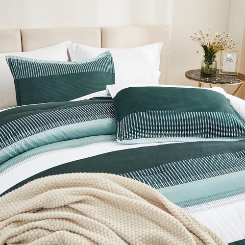 Litanika Dark Emerald Green Bed Comforter Twin/Twin XL Set, 2 Pieces Twin Extra Long Size Boys Men Forest Bedding Set, Single Colorblock Striped Bed Set