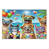 Lustige hawaiianische Katzen Hunde Puzzles 500 Teile, lustige Puzzles Weiße Elefanten Geschenkideen, Fertiggröße 50 x 35 cm