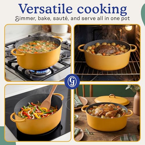 Image of Great Jones 6.75 Quart Enameled Cast Iron Dutch Oven Pot w /Lid (Mustard) | Large Dutch Oven For Bread Baking, Oval with Dual Handles, All Stovetop Safe up to 500, Non Stick & Dishwasher Friendly