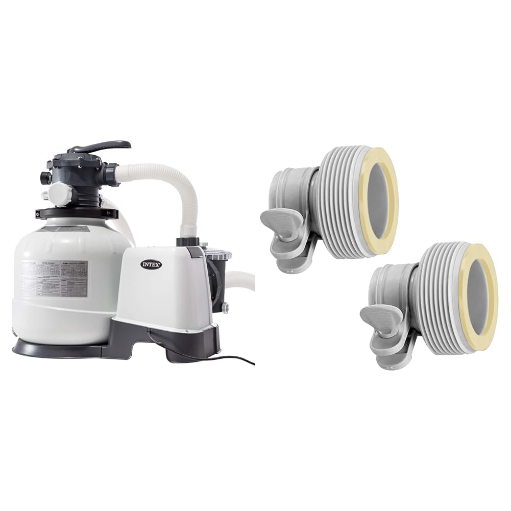INTEX 55227 - Depuradora de Arena Krystal Clear 10.500 L/H, Para piscinas desmontables de hasta 57.500 L., 6 funciones y sistema de bloqueo & 29061 - Pack 2 adaptadores(b) depuradoras