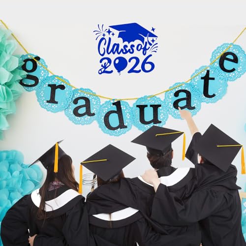Image of 2PCS Class of 2026 Car Sticker & Graduation Hat Sticker Removable Graduate Decal 8 inchx 7.1 inch Waterproof Vinyl Decals Arts & Crafts for Graduation Party Decorations (Blue)