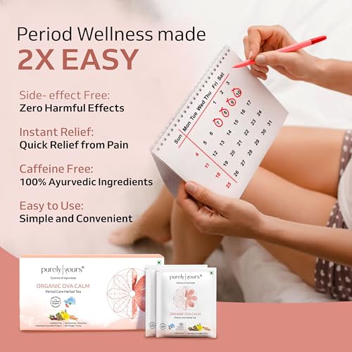 Image of Purely Yours Ova Calm Tea for Period Pain, PCOS & Hormonal Balance | Ayurvedic Herbal Tea with Shatavari, Ajwain, Jeera & Gokshura for Women's Health, Caffeine-Free - 30 Tea Bags