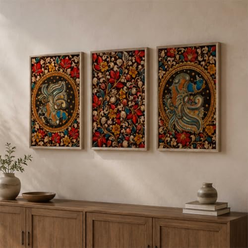 Image of Livin'luxe Set of 3 Abstract Peacock Flowers Wall Paintings for Living Room Bedroom Home Decor with Premium Wooden Color Synthetic Frame (13.5 x 19.5 Inch) NM03-72