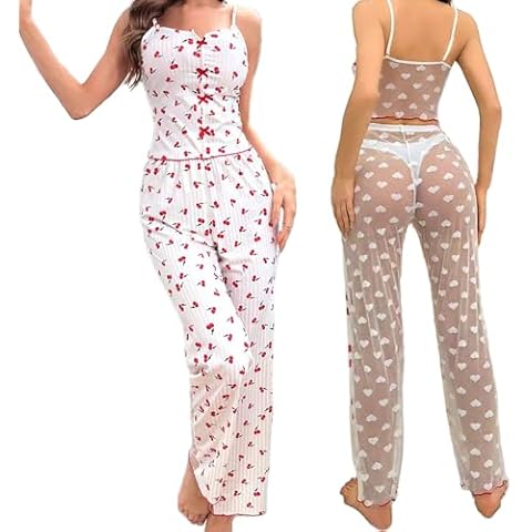 Women's Cute Pajama Set Sexy Lingerie Print Sleepwear Cami Top and Long Lounge Pajama Set (US, Alpha, Small, Regular, Regular, White Cherry) Cover