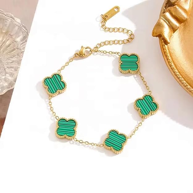 Image of STYOLLO Four-Leaf Clover Anti Tarnish Bracelet for Women & Girls Stylish | Elegant Gold-Plated Lucky Charm Jewelry | Aesthetic Enamel Design Adjustable Chain Bracelet for Daily, Gifting & Festive