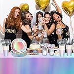 Iridescent Party Supplies Decorations,132 Pcs Disposable Iridescent Paper Party Plates Cups Knives Spoons Fork for Birthday Wedding Outdoor Picnic,Disposable Plastic Tablecloths for Dinner,Holiday - Image 5