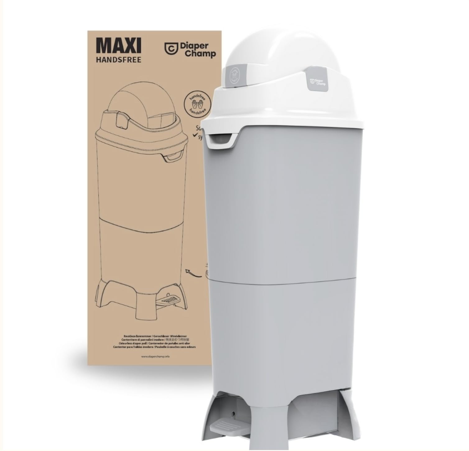 DIAPER CHAMP Geurloze luieremmer - Handsfree - met pedaal - gebruik normale zakken - ideaal voor meerdere kinderen in de luiers, tweeling, kinderdagverblijven, gastouders (Silver, Maxi