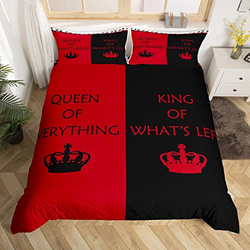 Erosebridal Couple Wedding Duvet Cover Sets Red Black Bedding Set Queen Size,Queen of Everything King of What's Left Comforter Cover Couples Gifts Engagement Newlyweds Gifts for His and Hers