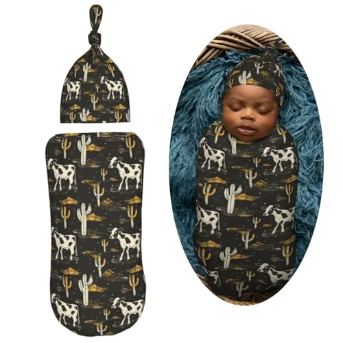 Image of Western Cow and Cactus Newborn Swaddle Blankets Hat Sets Soft Baby Receiving Blanket Swaddle Sack for Baby Shower Infant Boy Girl Gift