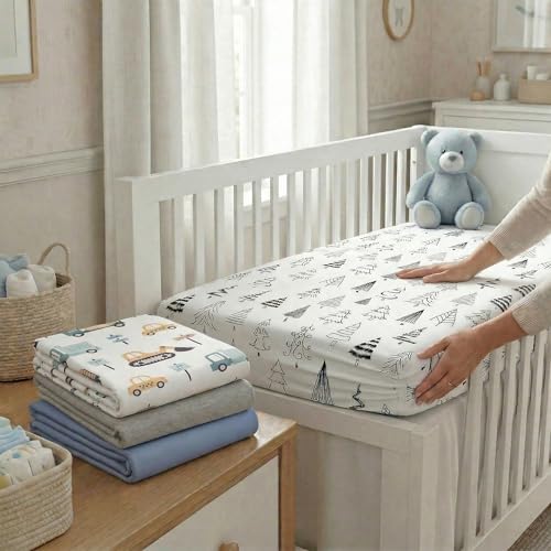 Image of 4 Pack Bassinet Fitted Sheets Compatible with 21 inch x 35 inch Amke, Ezebaby, Evolur Stellar and Mereryi Baby Bassinet, Soft and Skin-Friendly, Blue Truck & Grey Forest