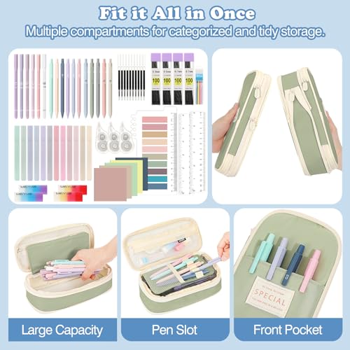 Image of MoKo 60Pcs Aesthetic School Supplies with Cute Pencil Case (Green), 12 Pastel Highlighters, 5 Black Ink Gel Pens, 6 Mechanical Pencil Set 0.5 & 0.7 mm for Students Stationary College Essentials
