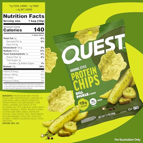 Image of Quest Nutrition Dill Pickle Flavored Protein Chips, 19g Protein, 4g Net Carbs, Protein Snacks, Gluten Free, 4 Count