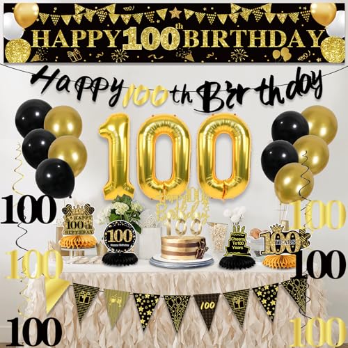 Image of 100th Birthday Decorations for Men, Black Gold 100th Party Decoration Kits | 27pcs Happy 100th Birthday Set, Banner, Honeycomb, Balloons, Gold Number, Candle, Hanging Swirls, Cake Topper, Party Supplies