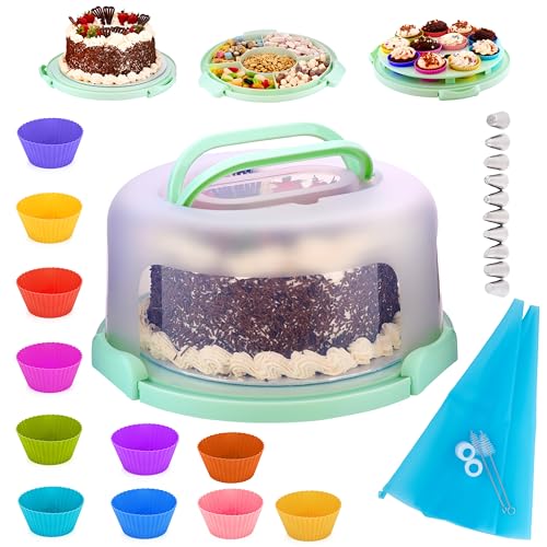 Layluu Cake Carrier with Handle For 10 Inch Cakes 3 Secure Locks Cake Storage & Transport Box Reusable Cake Holder with Snack Tray 11 Silicone Cupcake Moulds & Piping Kit Baking Gift Set