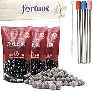 Boba Tapioca Pearl Bubble Tea Drink DIY Set | WuFuYuan Black Large Balls 8.8oz (3 pack) + 3 FortuneHouse Reusable Stainless Steel Round Boba Straws, 3 Silicone Tips, 1 Cleaning Brush, 1 Canvas Bag