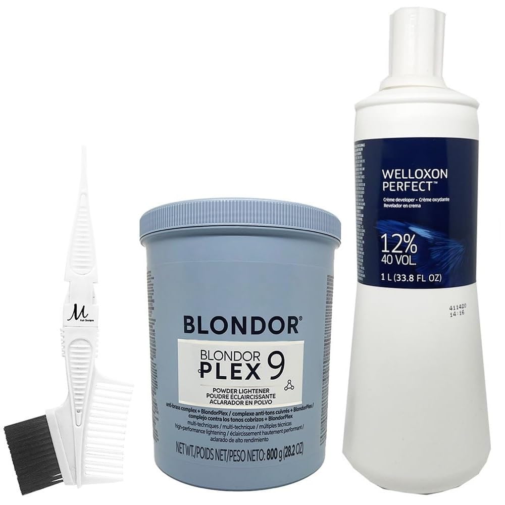 Blondorplex 9 Multi Blonde Dust-Free Powder Lightener 28.2 Oz, Welloxon Perfect Developer 12% 40 Vol 33.8 oz and M Hair Designs Tint Brush Comb (Bundle)