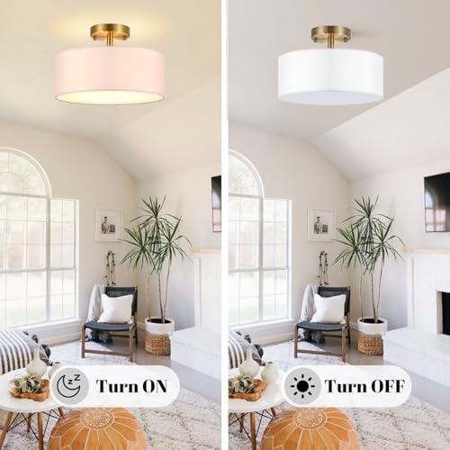 Nut Lighting 15 Inch Drum Light, Semi-Flush Mount Ceiling Light Fixture White Fabric Drum Shade and Gold Plating Finish,Ceiling lamp for Bedroom, Dining Room, Corridor, Living Room - image 6