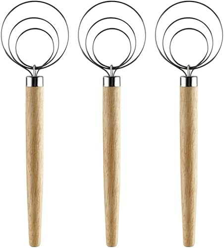 Luxshiny Batidor para hacer masa de pizza Batidor de pan danés 3 unids Mezclador Batir Huevos Países Bajos Empuje de mano de madera Acero inoxidable