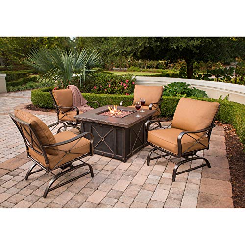 Hanover Lounge Summer Nights 5-Piece Steel Outdoor Patio Set With 4 Rocking Armchairs, Desert Sunset Cushions And 0000 Btu Square Fire Pit Table, Summrnght5Pc, 40" #TOP1
