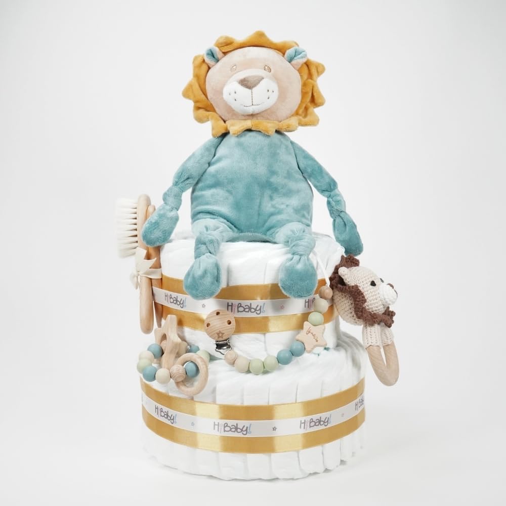 Tarta de pañales personalizada para bebé Baby Lion, Regalo Original para Baby Shower, Recién Nacido, Bautizo, Pañales D. Sensitive, Pastel de pañales