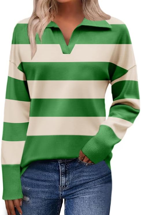 Zeagoo Women's 2024 V Neck Striped Sweater Long Sleeve Oversized Fashion Knitted Pullover Fall Sweaters Tops