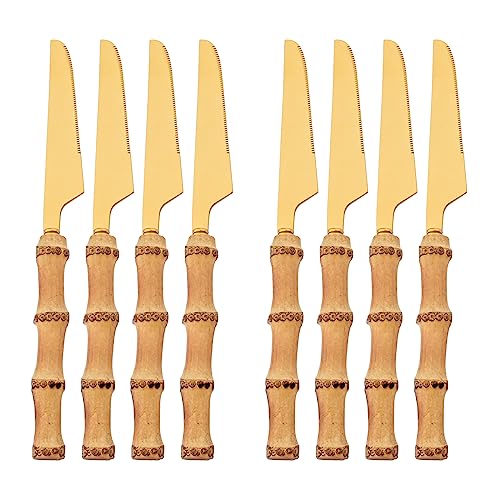 snplowum Natural Bamboo 8pcs Dinner Knife, Food Grade Stainless Steel Mirror Polished Sharp Silverware Table Knives Resuable Steak knife, 8.86-inch, Gold