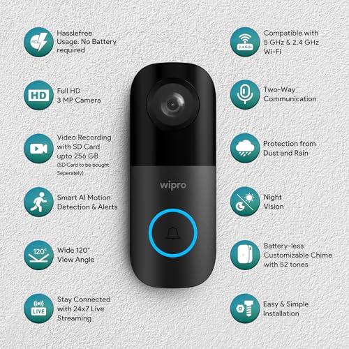 Image of wipro Smart Wi-Fi Video Doorbell Pro | 3 MP 1296p Full HD Camera with Night Vision | Instant Visitor Video Call on Mobile | Intruder Alarm | AI Motion Detection | Indoor Chime with 52 Tunes