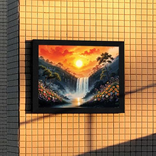 Image of ArtX Paper Rising Sun Painting For Vastu, Small Size Wall Art Scenery, Water Stream, Waterfall Painting Vastu, Rising Sun Wall Decor, Multicolor, Nature, 13.0 X 10.0 Inch, Set of 1