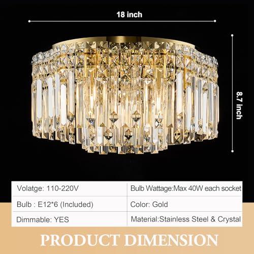 Flush Mount Crystal Chandelier, 18 inch Modern Crystal Ceiling Lights with Warm White Light Bulb (2700K), Flush Mount Small Gold Chandeliers Light Fixtures for Bedroom Living Room Hallway Entryway by Kuailkag - Image 3