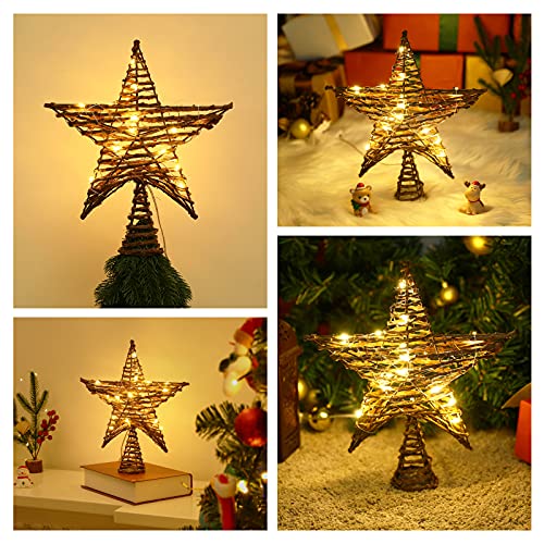 Lewondr Christmas Tree Topper, Vintage Rattan Natural Christmas Star Tree Topper With Led Beads, Battery Operated Tree Toppers Christmas Decorations For Xmas Tree Home Holiday Moravian Decor, Brown #TOP7
