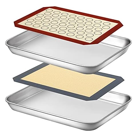 Baking Sheet with Silicone Mat Set, Yododo Set of 4 (2 Sheets + 2 Mats), Stainless Steel Cookie Sheet Baking Pan Tray with Silicone Mat, Non Toxic & Heavy Duty & Easy Clean - Size of 9 inch Cover
