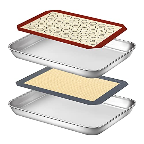 Yododo Backblech mit Silikonmatte, 4er-Set (2 Bögen + 2 Matten), Edelstahl Keksblech Backform mit Silikonmatte, ungiftig & strapazierfähig & leicht zu reinigen, Größe von 22,9 cm thumbnail