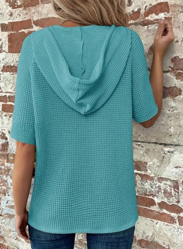Image of Dokotoo Womens Summer Tops Waffle Knit Short Sleeve Lightweight Drawstring Hoodies Button V Neck Casual Blouses Shirts