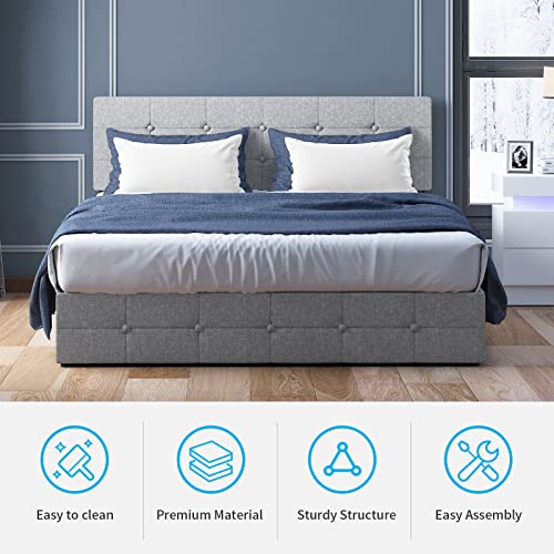 Mjkone Platform Bed Frame With 4 Storage Drawers, Upholstered Full Size Bed Frame With Square Button Tufted Headboard, Wood Slat Support/No Box Spring Needed/No Mattress (Full, Light Grey) #TOP3