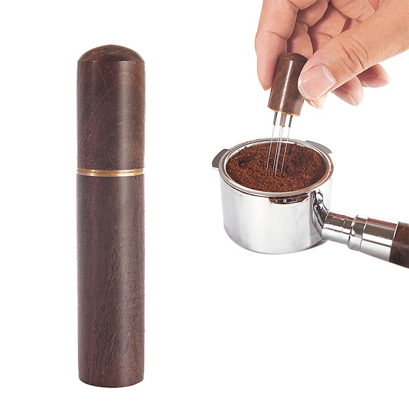 Yeesabella 5 Needles 0.35mm Espresso Distribution Tools Coffee Tamper Espresso Needle Distributor Stirrer Tool, 304 Stainless Steel Needles and Nature Wood Handle with Stand Dark Brown