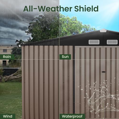 GVDV 10X12 FT Outdoor Storage Shed, Durable Metal Outside Storage for Garden, Patio and Backyard, Waterproof Shelter for Tools, Equipment