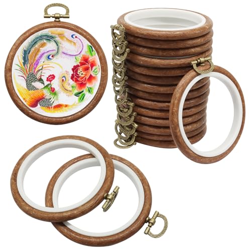 Image of Bonsicoky 15 Pack Round Embroidery Hoops, 3 Inch | Wood Look Decorative, PVC Imitated Wood, Vintage Frames, For Hand Embroidery & Cross Stitch Projects