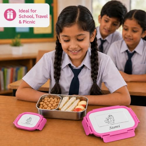 Image of SAVRI Personalized Stainless Steel Big Lunch Box with Small Container with Your Child Name and Favourite Character Engraved for Kids Students Birthdays Return Gift Four Lock Tiffin Box (Pink)