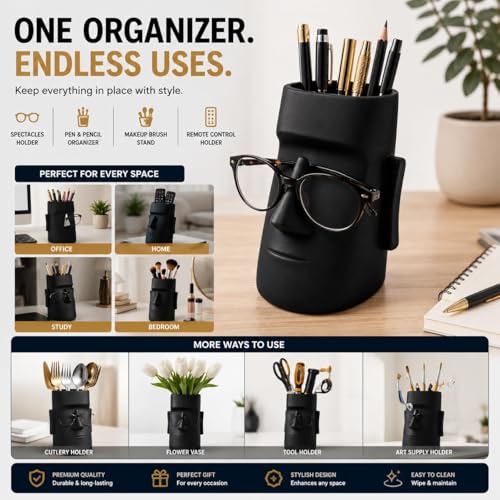 Image of Moai Desk Organizer with Eyeglass Holder - Silicone Pen Stand & Pencil Holder, Multifunction Stationery Organizer for Study Table, Office Desk & Home Storage (Multicolor, Pack of 1)
