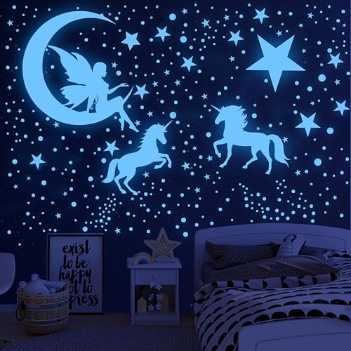 Image of Glow in The Dark Stars for Ceiling,Unicorn Wall Decals Stickers Wall Decor for Girls Bedroom Luminous Glow Unicorn Stars Planet Ceiling Stickers for Baby Boys Kids Playroom Living Room Nursery